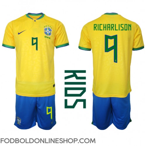 Brasilien Richarlison #9 Hjemme Trøje Børn VM 2022 Kortærmet (+ Korte bukser)
